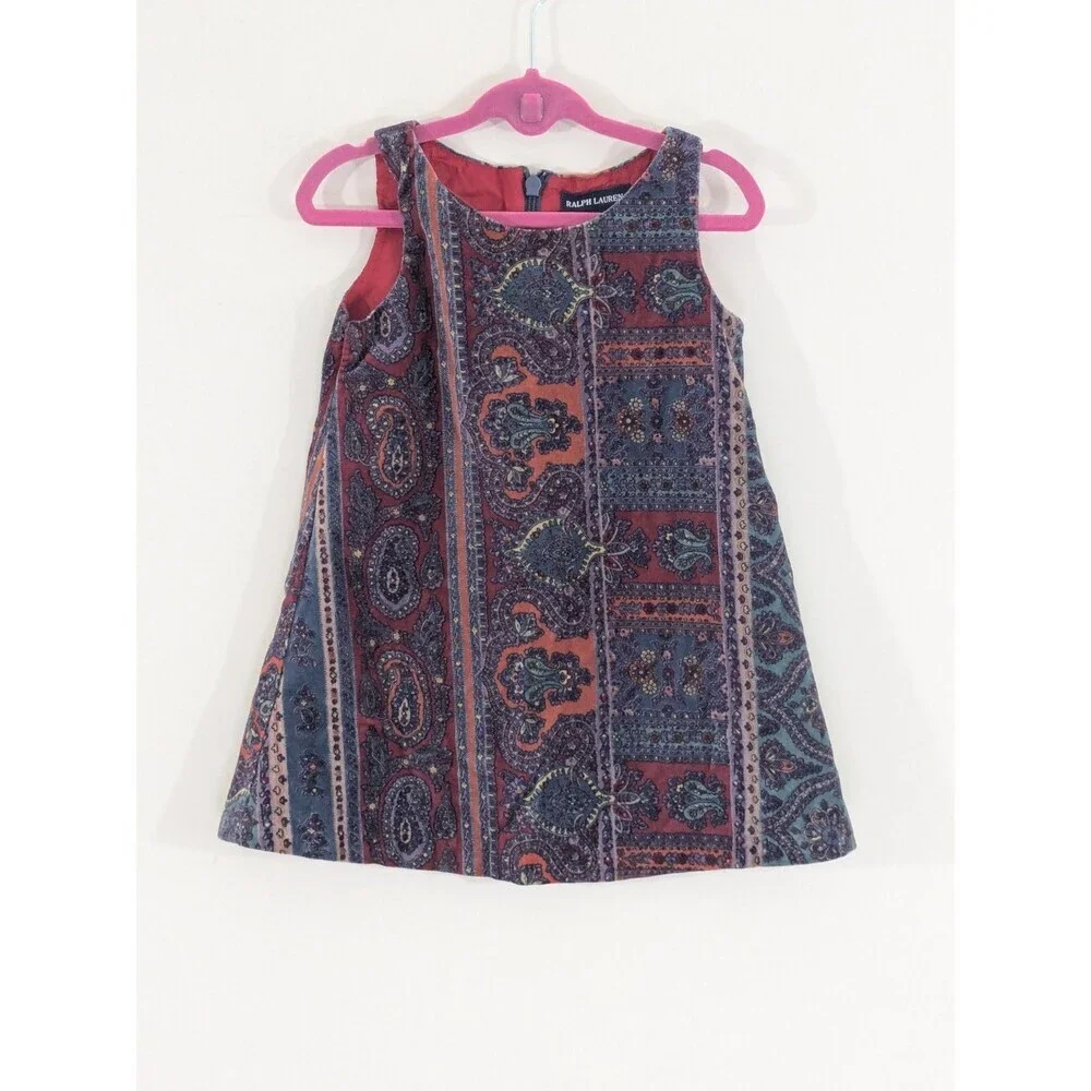 Vintage Ralph Lauren Paisley Velvet Sleeveless Boho Swing Dress Girl 18M